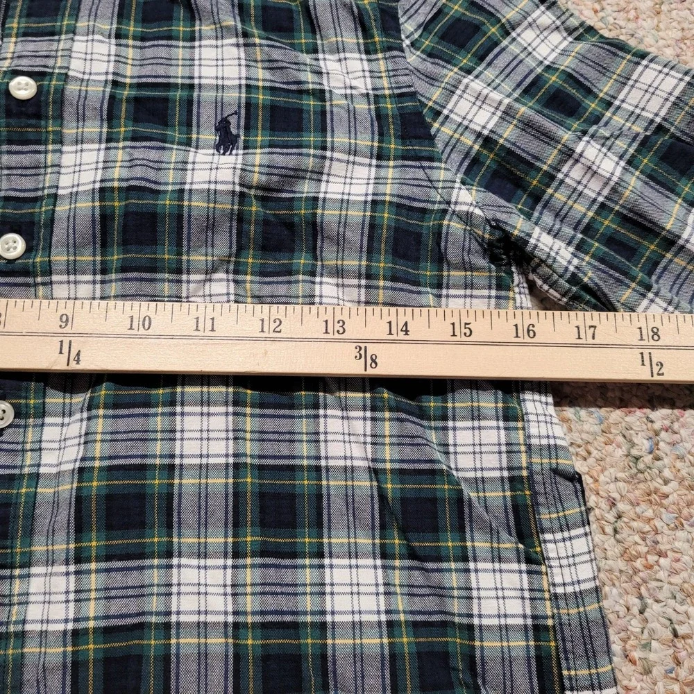 Ralph Lauren Shirt Boy Medium 10-12 Green Navy White Plaid OCBD Button Down Prep